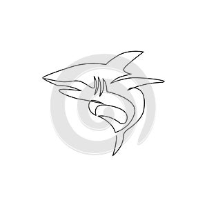 One continuous line drawing of shark sea fish predator for underwater life aquarium logo identity. Wild sea animal concept for