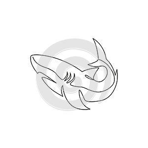 One continuous line drawing of shark sea fish predator for underwater life aquarium logo identity. Wild sea animal concept for