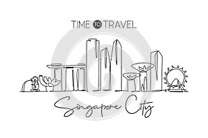 One continuous line drawing of Singapore city skyline. Beautiful landmark. World landscape tourism and travel vacation poster