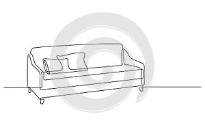 One continuous line drawing of sofa. Cozy Couch with two pillows. Home furniture in simple linear style. Editable stroke