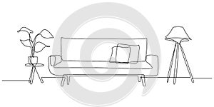 One continuous line drawing of sofa with lamp and potted deciduous plant. Home modern furniture of couch with two