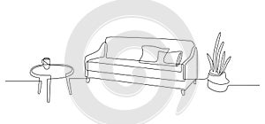 One continuous line drawing of sofa with table and floor potted plant. Home modern furniture of cozy couch with two
