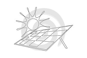 One continuous line drawing of Solar panel with sun. Green clean energy and renewable resources in simple linear style