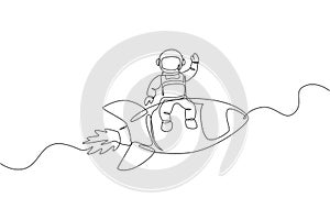 One continuous line drawing of spaceman astronaut waving hand and sit on flying rocket. Cosmonaut exploration of outer space