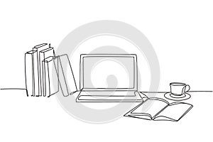 One continuous line drawing of stack of books line up with computer laptop, book and a cup of coffee. Study space desk concept.