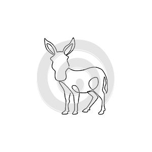 One continuous line drawing of standing donkey for logo identity. Mini horse size mascot concept for donkey ranch icon. Modern