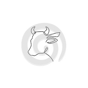 One continuous line drawing of sturdy cow head for agriculture logo identity. Mammal animal mascot concept for farming icon.