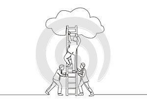 One continuous line drawing of team members support their leader to climb the ladder to reach the sky to reach the success