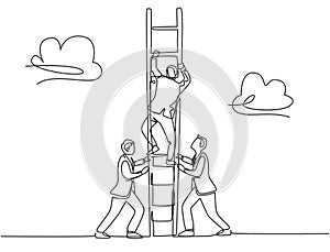 One continuous line drawing of team members support their leader to climb the ladder to reach the sky to reach the success. Trendy