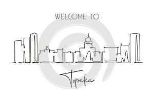 One continuous line drawing of Topeka city skyline, Kansas. Beautiful landmark. World landscape tourism travel home wall decor