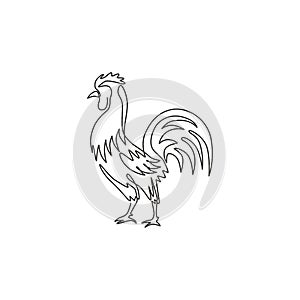 One continuous line drawing of tough rooster for poultry business logo identity. Chicken mascot concept for organic meat food icon