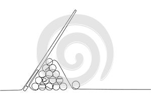 One continuous line drawing of triangle pyramid balls stack for pool billiards game at billiard room. Tournament indoor sport game