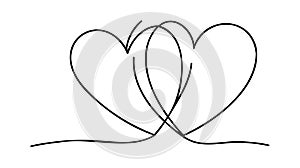 One Continuous line drawing of two hearts with love signs. Thin curls and romantic symbols in simple linear style.
