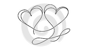 One Continuous line drawing of two hearts with love signs. Thin curls and romantic symbols in simple linear style.