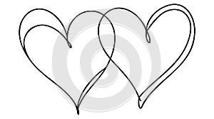 One Continuous line drawing of two hearts with love signs. Thin curls and romantic symbols in simple linear style.