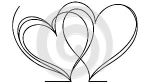 One Continuous line drawing of two hearts with love signs. Thin curls and romantic symbols in simple linear style.