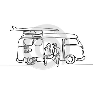 one continuous line drawing of two person and car with a surfboard on the beach