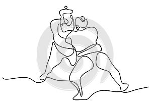 One continuous line drawing of two young big Japanese rikishi men is fight at festival tournament minimalism style isolated on