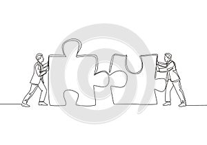 One continuous line drawing of two young businessmen push puzzle pieces to unite them as sign to start business collaboration