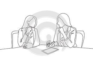 One continuous line drawing of two young happy business woman discussing project contract together during meeting. Business deal