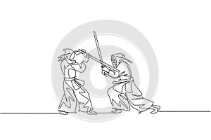 One continuous line drawing of two young sporty men fighting skill on kendo national competition in dojo center. Healthy martial