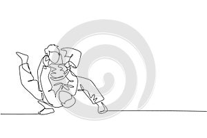 One continuous line drawing of two young sporty men focus training judo technique at sports hall. Jiu jitsu battle fight sport