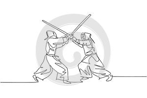 One continuous line drawing of two young sporty men training kendo attack and defense skill in dojo center. Healthy martial art