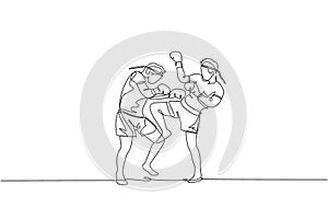 One continuous line drawing of two young sporty muay thai boxer men preparing to fight sparring, duel at box arena. Fighting sport