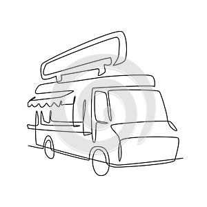 One continuous line drawing of vintage food truck for festival logo emblem. Mobile fast food cafe shop logotype template concept.