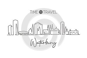 One continuous line drawing Waterbury city skyline Connecticut. Beautiful landmark art. World landscape tourism travel home wall