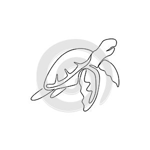 One continuous line drawing of wild sea turtle for water aquatic park logo identity. Cute ocean reptile animal mascot concept for