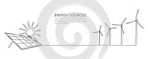 One continuous line drawing of wind turbine and Solar panel with sun. Green energy and renewable resources in simple