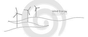One continuous line drawing of Wind turbines and windmill among hilly landscape. Green energy and renewable source of