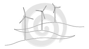 One continuous line drawing of Wind turbines and windmill among hilly landscape. Green energy and renewable source of