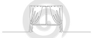 One continuous line drawing of window with curtains. Concept of living room interioa with drape cloth in simple linear