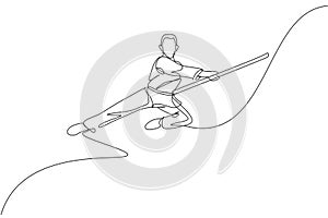 One continuous line drawing of wushu master man jumping, kung fu warrior in kimono with long staff on training. Martial art sport