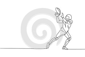 One continuous line drawing young american football player catch the ball from his teammate for competition poster. Sport teamwork