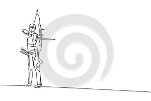 One continuous line drawing of young archer man pulling bow to shooting an archery target. Archery sport training and exercising