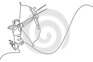 One continuous line drawing of young archer woman pulling the bow to shooting an archery target. Archery sport training and