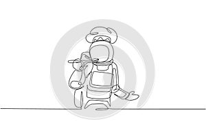 One continuous line drawing of young astronaut chef taste soup sauce while cooking dish for dinner. Healthy cuisine food menu on