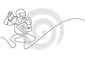 One continuous line drawing of young attractive american football player ready to pass the ball for competition poster. Sport