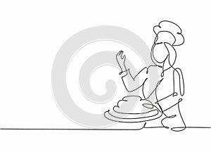 One continuous line drawing of young attractive female chef serving top main dish menu at hotel restaurant. Preparing healthy food