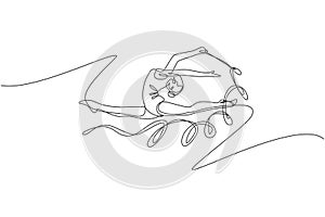One continuous line drawing of young ballerina girl in motion. Rhythmic gymnast in leotard with ribbon. Healthy sport and active