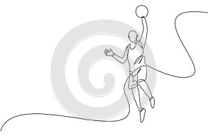 One continuous line drawing of young basketball player jumping to shot the ball. Team sport concept. Dynamic single line draw