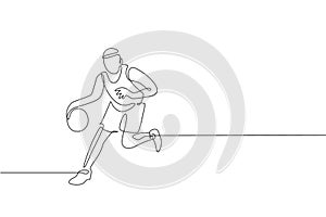 One continuous line drawing of young basketball player practicing and training at court field. Team sport concept. Dynamic single