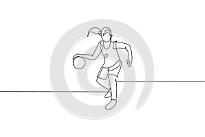 One continuous line drawing of young basketball player running at court. Team sport concept. Dynamic single line draw design