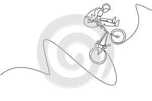 One continuous line drawing of young BMX bicycle rider does jumping into the air trick at skatepark. Extreme sport concept vector