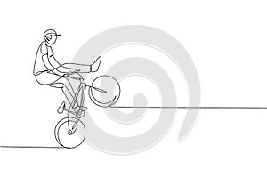 One continuous line drawing of young BMX bicycle rider performing dangerous trick at skatepark. Extreme sport concept vector