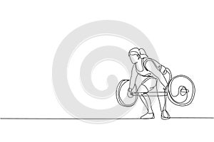 One continuous line drawing young bodybuilder woman doing exercise with a heavy weight bar in gym. Powerlifter train weightlifting