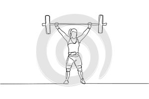 One continuous line drawing young bodybuilder woman doing exercise with a heavy weight bar in gym. Powerlifter train weightlifting